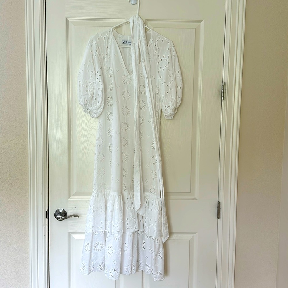 Zara Embroidered Puff Sleeve Belted Maxi Dress